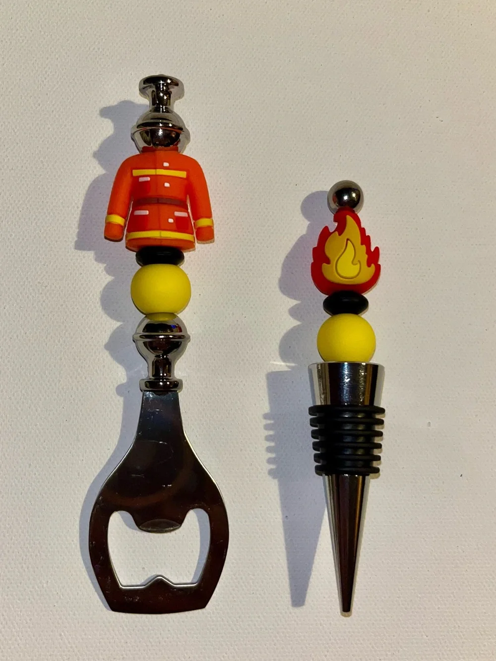 Novelty Firefighter Bottle Opener and Wine Stopper Set - Orange and Yellow